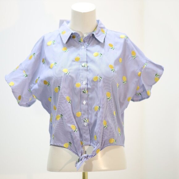 Love Fire Front Tie Ruffle Sleeve Pinstripe Blouse, embroidered lemon Size L/G - Picture 3 of 6